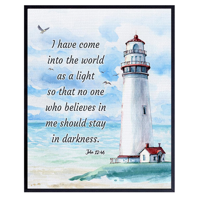 Nautical Seaside Lighthouse Christian Wall Art - Religious Scripture Bible Verse Gift - Ocean Home Decoration, Bathroom Wall Decor - Print for Beach House, Restroom, Living Room, Bedroom - Blue 8x10