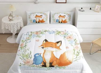 Erosebridal Kids Fox Comforter Set Twin Boys Girls Cute Woodland Animal Print Bedding Set Rose Flower Comforter Tree Branch Botanical Duvet Quilts,Watercolor Lovely Bird Wildlife Bedding Sets 2 Pcs