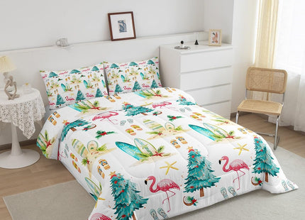 Christmas Beach Bedding Comforter Sets Queen,Watercolor Summer Christmas Trees Flamingo Bedding Set for Bedroom,Seaside Surfboard Slippers Summer Theme with 1 Comforter and 2 Pillow Cases