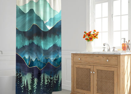 Lokigo Teal Misty Mountains Shower Curtain Woodland Pine Tree, 72"x72"