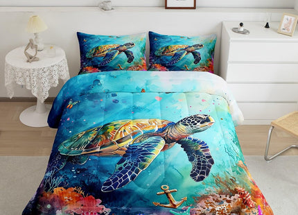 Erosebridal Cute Sea Turtle Bedding King Ocean Animal Comforter Set for Kids Teen Adults, Gradient Tie Dye Down Comforter Pastel Rainbow Bed Set, Coastal Sealife Quilted Duvet Breathable All-Season
