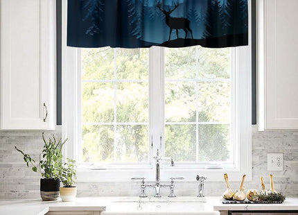 JanJCurt Misty Mountain Deer Valance Curtain, Rustic Retro Blue Foggy Forest Landscape Nature Woodland Wild Animal Deer Print Blackout Window Drape for Kitchen Bedroom, 54x18inch
