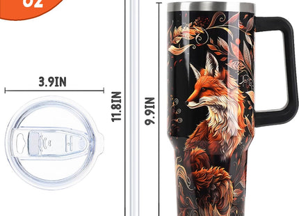Nqhsionv Fox Tumbler with Handle and Straw 40 oz Fall Foxes Mandala Cup Coffee Travel Mug Stainless Steel Insulated Water Bottle Fox Stuff Lovers Fall Autumn Decor Gifts for Women