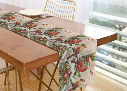 Pfrewn Winter Cardinal Bird Table Runner 13x70 Inches Double Sided Holly Berry Branches Snow Table Runners Cloth Washable Merry Christmas Kitchen Dining Fabric for Holiday Party Home Xmas Decorations
