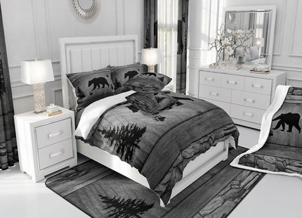 Manfei Rustic Bear Sheet Set Twin Size, Black Trees Deer Paw Print Bed Sheet Set 3pcs with Deep Pocket Fitted Sheet + Flat Sheet + 1 Pillowcase, Grey Wooden Plank Bedding Set for Kids Boy Room Decor