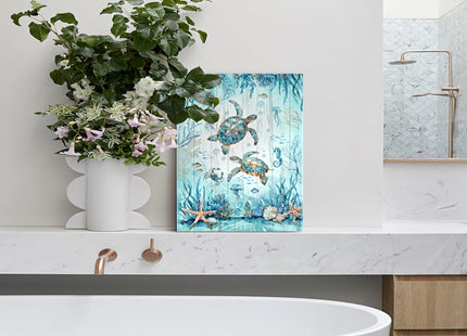 Nautical Beach Sea Turtle Bathroom Decor Wall Art Ocean Sea Turtle Paintings Artwork for Walls Teal Beach Theme Decor Pictures Prints Framed Decorations for Bedroom Bathroom Kitchen Home 20"x24"