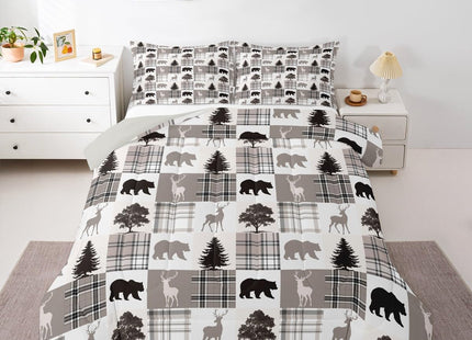 Wildlife Bear Moose Elk Comforter Set Queen for Boys Kids Xmas Room Decor Khaki Black Grid Comforter Aldults Bedroom Christmas Tree Bedding Set 1 Comforter with 2 Pillow Cases,Lightweight Warm Soft