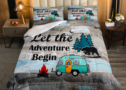 Rustic Camping Theme Bedding Set For Rv Bunks Twin,Country Farmhouse Camper Car Comforter Set For Kids Adults Woodland Pine Tree Bear Down Comforter Old Barn Door Quilt Duvet Insert 2 Pcs Grey