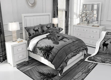 Manfei Rustic Deer Sheet Set Full Size, Black Trees Deer Paw Print Bedding Set for Kids Boy Room Decor, Grey Wooden Plank Bed Sheet Set 4pcs with Deep Pocket Fitted Sheet + Flat Sheet + 2 Pillowcases