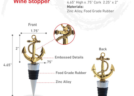 Cheers Gold Anchor Metal Wine Stopper - Elegant Vacuum Seal Reusable Nautical Ship Anchor Wine Bottle Stopper Airtight Leak Proof Bottle Topper Cork Plug, Home Decor & Bar Tool Accessory Unique Gift
