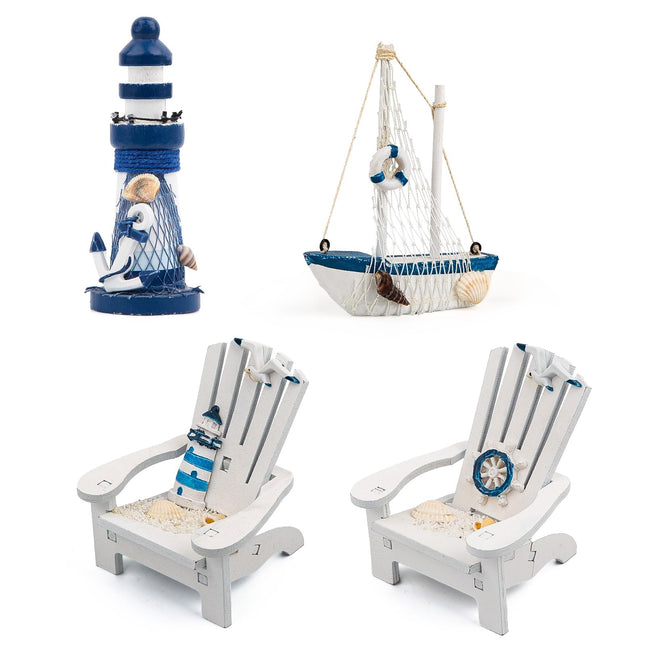 JQAQJU 4" Wooden Beach Chair Lighthouse Sailboat, 4pcs Nautical Home Decor