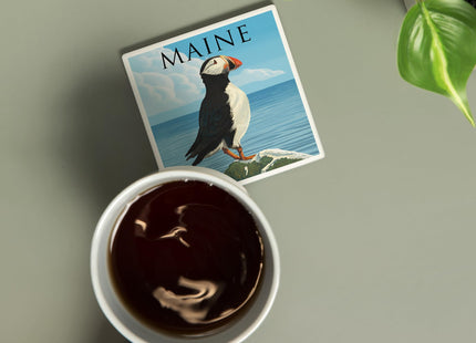 Lantern Press Maine, Puffin on Rock Scene (Absorbent Ceramic Coaster, Single, Cork Back, Kitchen Table Decor)