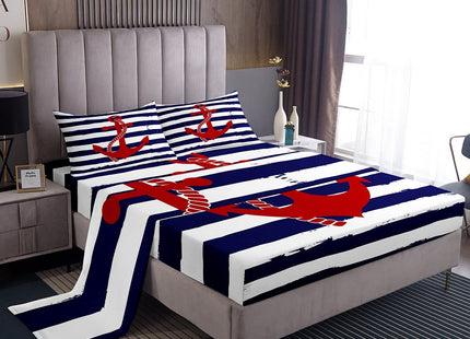 Nautical Anchor Sheet Sets Twin Geometric Stripes Top Sheet Ocean Adventure Theme Bed Sheet Navy Blue and Red Bedding Set 3pcs for Kids Girls Teens Boys Fitted Sheet+Flat Sheet+2 Pillowcases