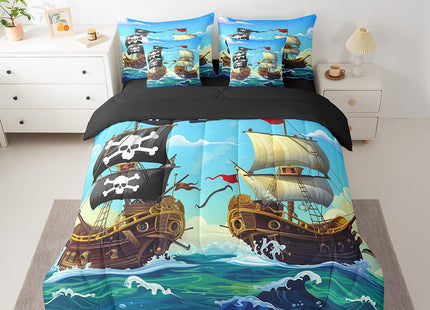 Erosebridal Sailboat Bed in A Bag Full Sailing Ship Nautical Comforter Set 7 Piece for Kids Boys,Ocean Wave Bedding Set Cartoon Pirate Ship Bed Sheets Set with Comforter