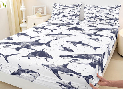 Erosebridal Shark Fitted Sheet Deep Pocket Full Size Ocean Life Bedding Set for Kids Boys Girls Children Underwater Word Sheet Set Sea Animal Bed Cover Grey and White Home Decoration(No Top Sheet)