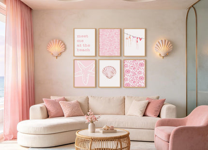 Pink Beach Wall Art Preppy Coastal Canvas Wall Decor Summer Aesthetic Pictures Girl Beachy Granddaughter Posters Ocean Shell Starfish Art Prints for Girl Room Bedroom 8x10 Inch Unframed Set of 6