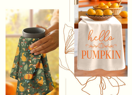 Miss Adola Fall Flour Sack Kitchen Towels Set of 2, Mushroom Pumpkin