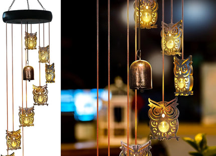 8 LED Solar Upgrade Owl Wind Chimes, Outdoor, Warm LED Owl Decor