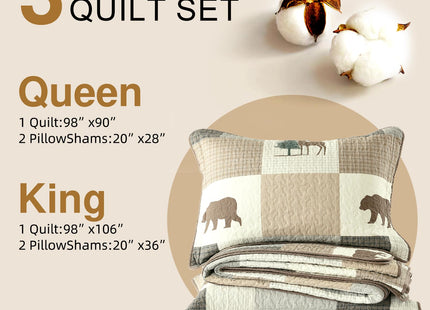 EWlinens Queen Quilt Set - 100% Cotton Quilt Queen Size, Farmhouse Animals Patchwork Plaid Queen Quilts Bedding Set, Forest Rustic Lightweight Comforter for Queen Bed, Green/Brown/Beige, 3 Pieces