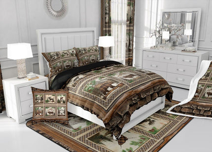 Feelyou Rustic Bear Comforter Set Toddler Size Boys Girls Farmhouse Deer Bedding Set for Kids Cabin Moose Duvet Quilt Highland Cow Brown Plaid Grid Room Decor