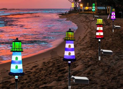 BEIDOULU 2 Pack Solar Lighthouse Lights, IP65 Waterproof Outdoor Pathway Stake Lights, Auto Dusk to Dawn Solar Powered Nautical Landscape Decor Lights for Lawn, Flower Bed, Patio, Walkway