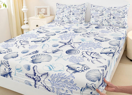 Homewish Coastal Sheet Set Twin Size,Beach Seashell Starfish Coral Bedding Set 3Pcs,Sea Ocean Theme Bed Sheet for Kids Teens Adult Bedroom Decor,Navy Sketch Nautical Fitted + Flat Sheet,1 Pillowcase