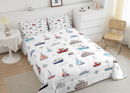 Nautical Bedding Set Queen Size,Coastal Beach Comforter Set with 2 Pillow Cases Sailboat Anchir Print Quilt for Kids Teens Boys Men Bedroom Decor,Navy Blue Red White Soft Microfiber Duvet Insert 3Pcs