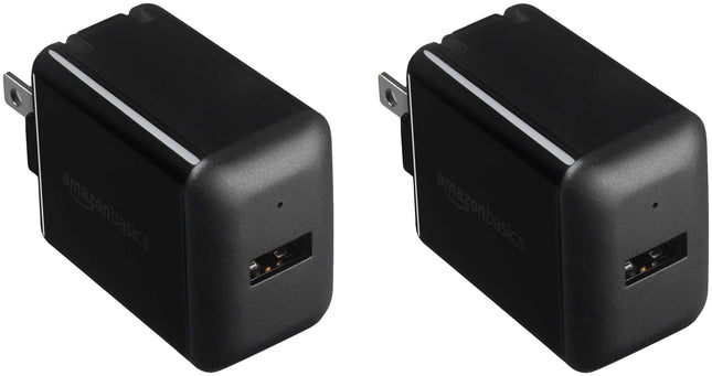 Amazon Basics 12W One Port USB-A Portable Wall Charger (2.4A) for Phones (iPhone 16/15/14/13/12/11/X, Samsung, and more), 2-Pack, Black