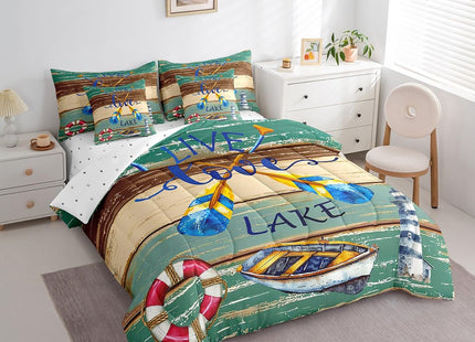 Erosebridal Lake House Bedding Set Full 7 Piece,Rustic Cabin Boating and Fishing Comforter Set with Sheets Paddles Lighthouse Nautical Bed in A Bag Green Brown Wooden Board Bed Set