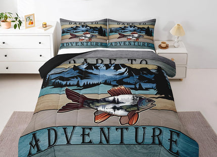 Erosebridal Bass Fishing Comforter Full Size Sea Animal Bedding Set, Retro Stripe Down Comforter Rustic Lake House Bed Set, Woodland Jungle Scene Quilted Duvet Pine Tree Print Home Decoratives 3pcs