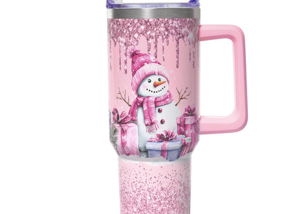 ZNYYZYBA 40 oz Christmas Tumbler with Handle and Straw, Stainless Steel Insulated Snowman Tumbler 40 oz, Reusable Pink Snowman Cup with Leak Proof Lid, Christmas Gifts for Women