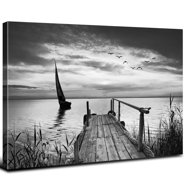 Black and White Coastal Wall Art Beach Sailboat Seascape Pictures Bathroom Wall Decor Grey Trestle Canvas Print Painting Artwork for Modern Abstract Living Room Bedroom Home Office Decoration 24x36"