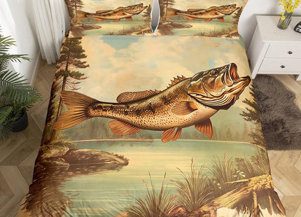 Bass Fish Bedding Set Full Size,Lake House Retro Rustic Style Duvet Cover Set Kids Boys Girls Room Decor,Hunting and Fishing Theme Comforter Cover 3Pcs,Wild Animal Lake Bedspreads Cover,2 Pillowcases