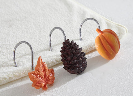 Estmy 12PCS Fall Autumn Shower Curtain Hooks Rings Fall Bathroom Decor Accessories Metal Rustproof Maple Leaf Pumpkins Pinecone Fall Leaves Thanksgiving Decorative Shower Hooks Rings for Curtains