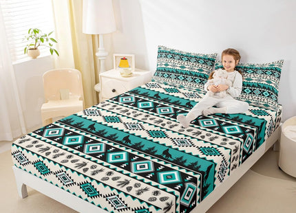 Manfei Aztec Geometric Bed Sheets Twin Size,Southwest Tribal Ethnic Easy Wash Bedding Set,Wolf Rustic Cabin Kids Room Decor,Beige Retro Sheet(Fitted+Flat+1 Pillowcase)
