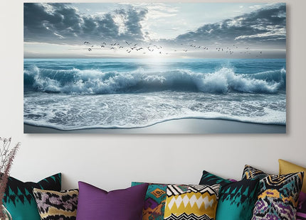 ZOMNAI Blue Ocean Beach Wall Art for Living Room Office Coastal Waves Canvas Painting Prints Art Deco Artwork Boys Bedroom Decor (20x40 Inches)