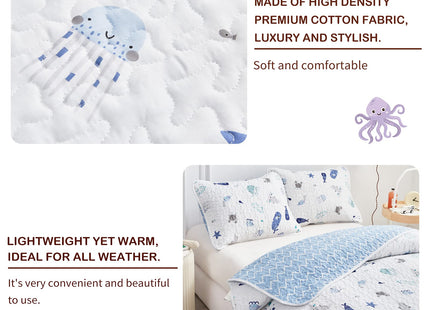 Joyreap 2-Piece Cotton Quilt Set Twin, Vibrant Ocean Theme Starfish Whale Crab Printed on White, Smooth Soft Quilt Bedspread Bed Cover for All Season, 1 Quilt and 1 Pillow Sham- 68x86 inches
