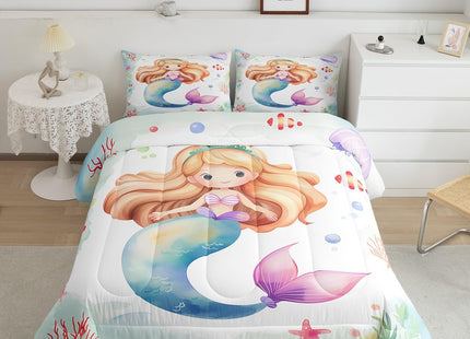 Erosebridal Kawaii Mermaid Comforter Set Full for Girls Cute Mermaid Tail Bedding Set Coastal Theme Bedding Comforters & Sets Pink Jellyfish Duvet Sets Multicolor Starfish Bubble Quilt Sets Cozy Soft