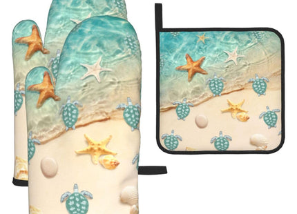 Sea Turtles Beach Oven Mitts and Pot Holders Sets of 3 Nautical Kitchen Decor Heat Resistant Hot Pads Teal Nautical Decorative Oven Gloves for Cooking Grilling Baking