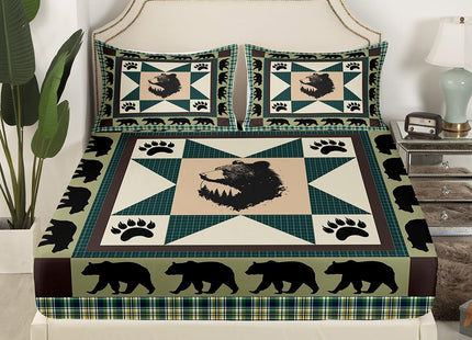 Erosebridal Black Bear Sheet Set Western Bed Sheets Queen Patchwork Geometric Triangle Lattice Fitted Sheet Woodland Wildlife Bear Paw Print Top Sheet,Green Checkered Buffalo Plaid Decor