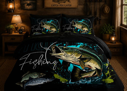 Nttopship Big Pike Fish Bedding Queen Size，Hunting and Fishing Bedding Set 7 Piece in A Bag, Fishing Brown Green Comforter Set Brown Green Bedding Set Themed Comforter Set for Kids Boys Room Decor