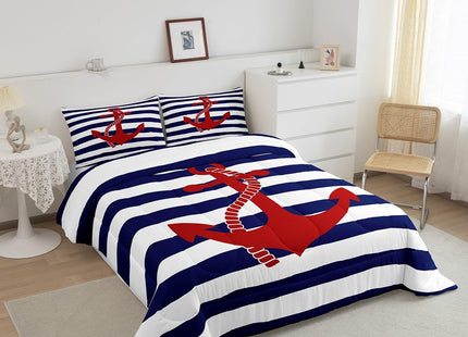 Nautical Anchor Comforter Set Queen,Geometric Stripes Duvet Insert Ocean Adventure Theme Quilted Duvet Set Navy Blue and Red Bedding Set 3pcs for Kids Girls Teens Boys Room Decor with 2 Pillowcases