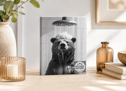 Black and White Bear Bathroom Wall Art, Funny Framed Canvas Decor