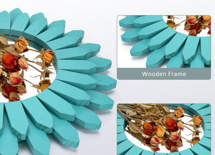 Honiway Beach Wall Decor Mirror 21 inch Wood Coastal Wall Decor Sunburst Boho Home Decor Room Decor for Bedroom Living Room Entryway Cyan