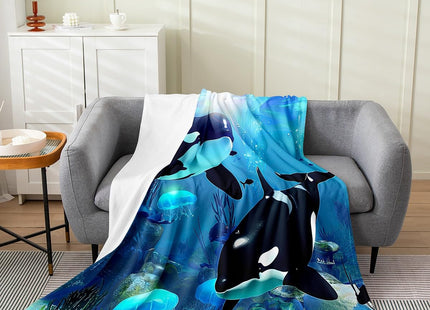 Teal Ocean Whale Throw Blanket All Season,Jellyfish Killer Whale Fleece Blanket Home Room Decor,The Underwater World Bed Blanket Queen,Orcinus Orcas Deep Sea Animals Marine Life Plush Blanket