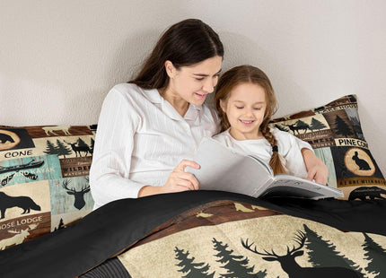 Hunting Woodland Animal Comforter Set Twin Rustic Fox Bear Deer Moose Bedding Set,Lake House Fishing Comforter For Farmhouse Cabin Lodge,Countryside Wildlife Quilt Duvet Brown Teal 1 Pillow Case