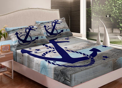 Coastal Nautical Bedding Sets Queen Navy Blue Anchor Bed Sheets For Kids Boys Teen Rustic Farmhouse Wooden Board Sheet Set Retro Ocean Sailing Boat Fitted Sheet Retro Grey Flat Sheet 2 Pillow Cases