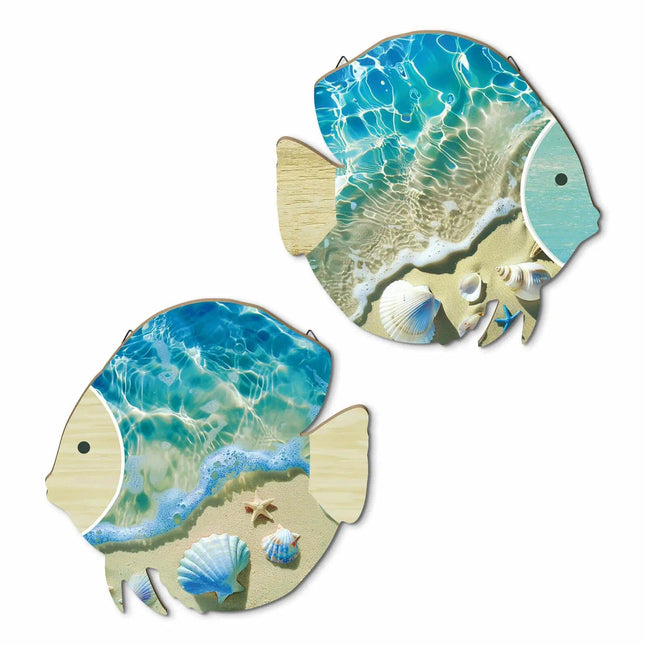 Putuo Decor 2PC Coastal Fish Wall Decor, MDF Nautical Hanging Decor with Metal Hook, Ocean Themed Wall Art Set for Bathroom, Lake House, Seaside Living Space(Ocean Beach Shells)