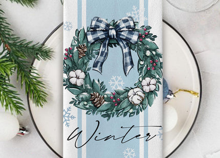 Seliem Hello Winter Wreath Mitten Blue Kitchen Dish Towels Set of 2, Get Cozy Pine Needle Pinecone Hand Towels Drying Baking Cooking Cloth, Snowflake Christmas Red Berry Home Kitchen Decor 18 x 26 in