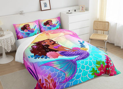 Erosebridal Black Girl Bedding Sets Twin Cute Mermaid Comforter Set, Pretty Princess Bedding Comforter Sets Purple Seashell Duvet Insert, Blue Ombre Fish Scales Quilted Duvet Coastal Beach Decor